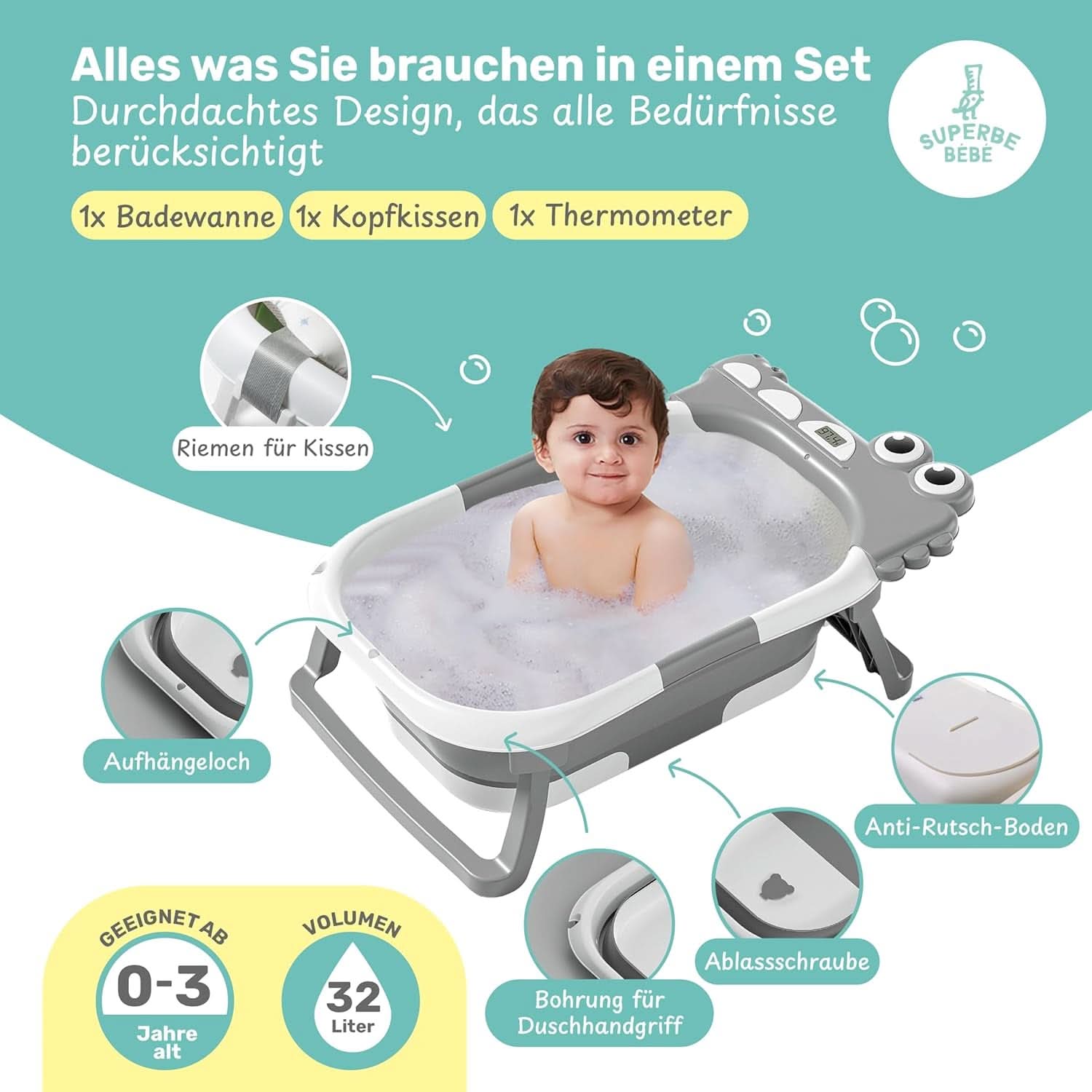 Vaschetta da bagno pieghevole per neonati con cuscino da bagno e termometro integrato Mamma e Bambino Naty Shop
