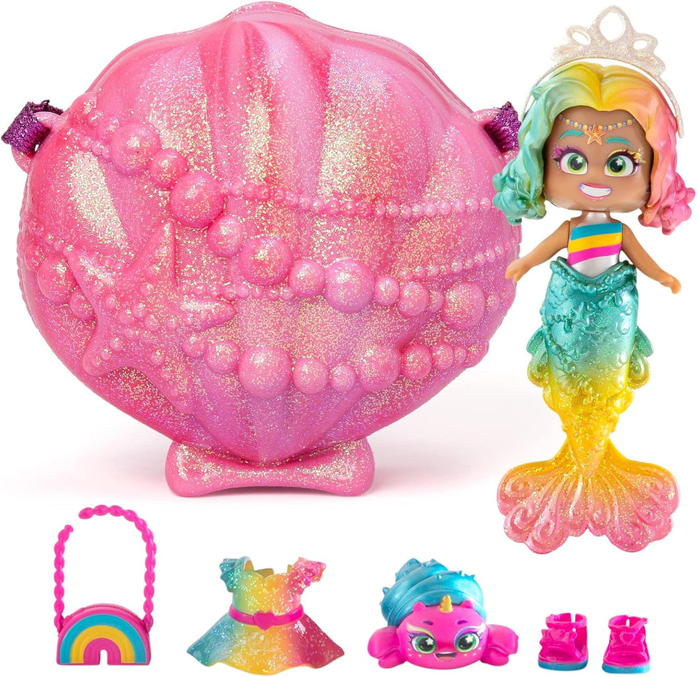Sirene Coral Meerjungfrauen-Puppe mit 1 Muscheltasche, 1 Meerjungfrauenschwanz, 1 Haustier, Kleidung, Accessoires und Schuhe