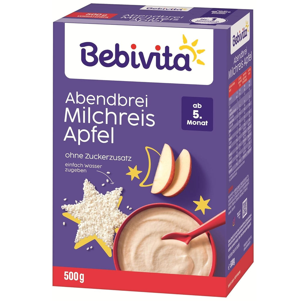 Budincă de orez cu mere și terci de seară (4x500g), terci de lapte de la 5 luni, cu minerale și vitamine valoroase, fără zahăr adăugat, foarte sățios