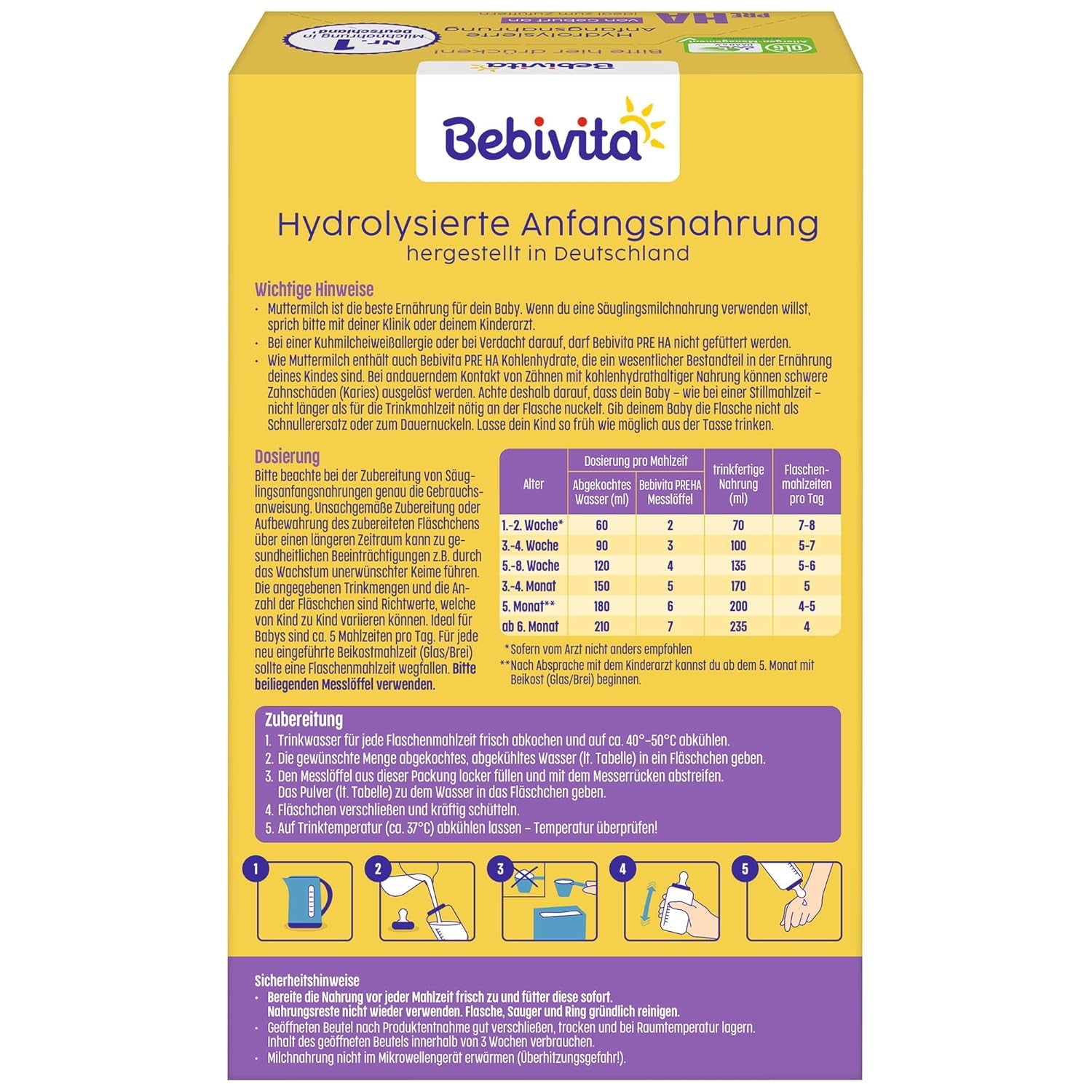 PRE HA (5 x 500 g), formula di latte in polvere idrolizzato dalla nascita, contiene solo lattosio come carboidrato, adatto per l'alimentazione supplementare