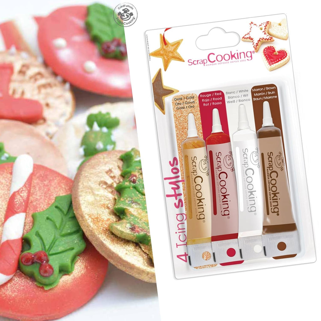 Scrapcooking – 4 markere pentru piese: auriu, ciocolatiu, alb și roșu – pixuri decorative comestibile pentru scris și desenat pe deserturi, prăjituri și biscuiți