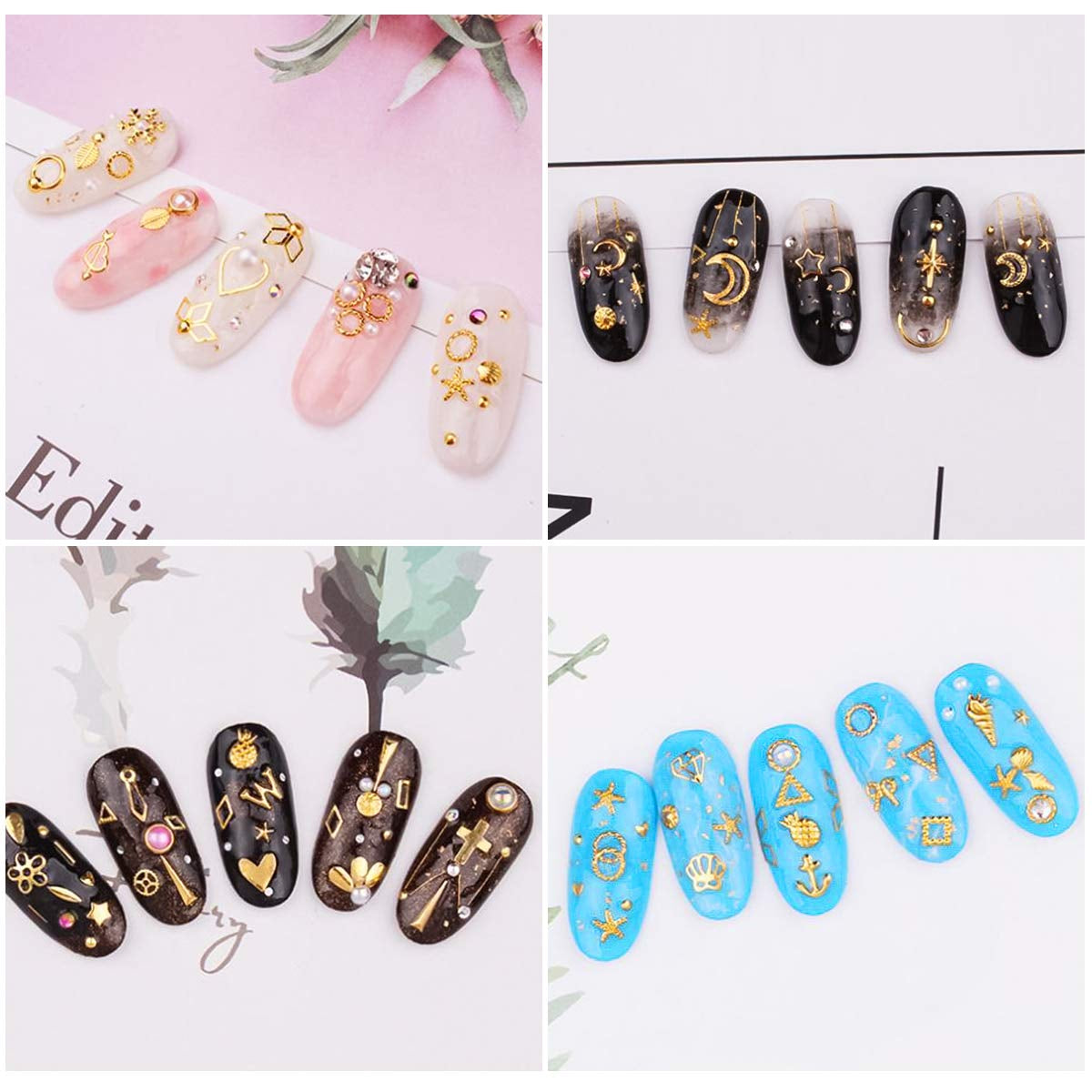 4 Boxes Nagel Kunst Strass, 3D Nagel Kunst Dekorationen, Mix Größe Nagel Perlen Glitter Strass Gold Metall Hohlniet Nagelkunst Stern Mond Sonne Nagel Zubehör Für DIY Nageldesign