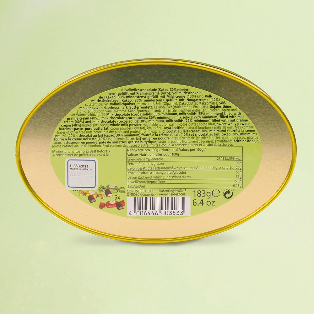 Confezione regalo Heidel Easter Card 183g, pralina di cioccolato al latte premium con scatola decorativa in metallo, ideale come regalo di Pasqua