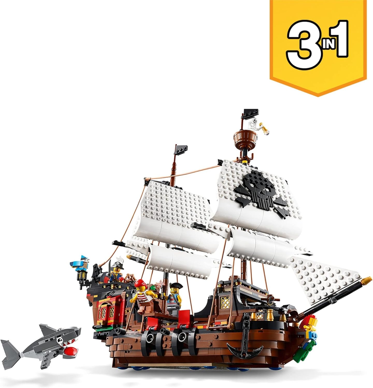 Set nave pirata 3-in-1 LEGO Creator, giocattolo con 3 opzioni di costruzione, costruisci una taverna dei pirati o un'isola dei pirati con teschi, include 3 minifigure di avventura di gioco di ruolo 31109 Set di costruzione Besuche den LEGO-Store