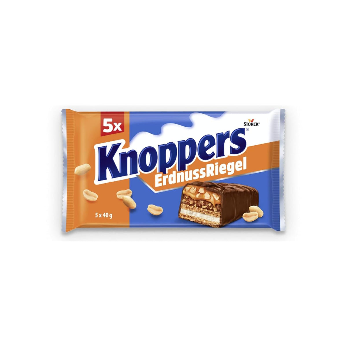 Knoppers Peanut Bar – 1 x 200g (5 barrette) – Barretta di cioccolato al latte con crema di arachidi, arachidi salate tritate, caramello e cioccolato al latte