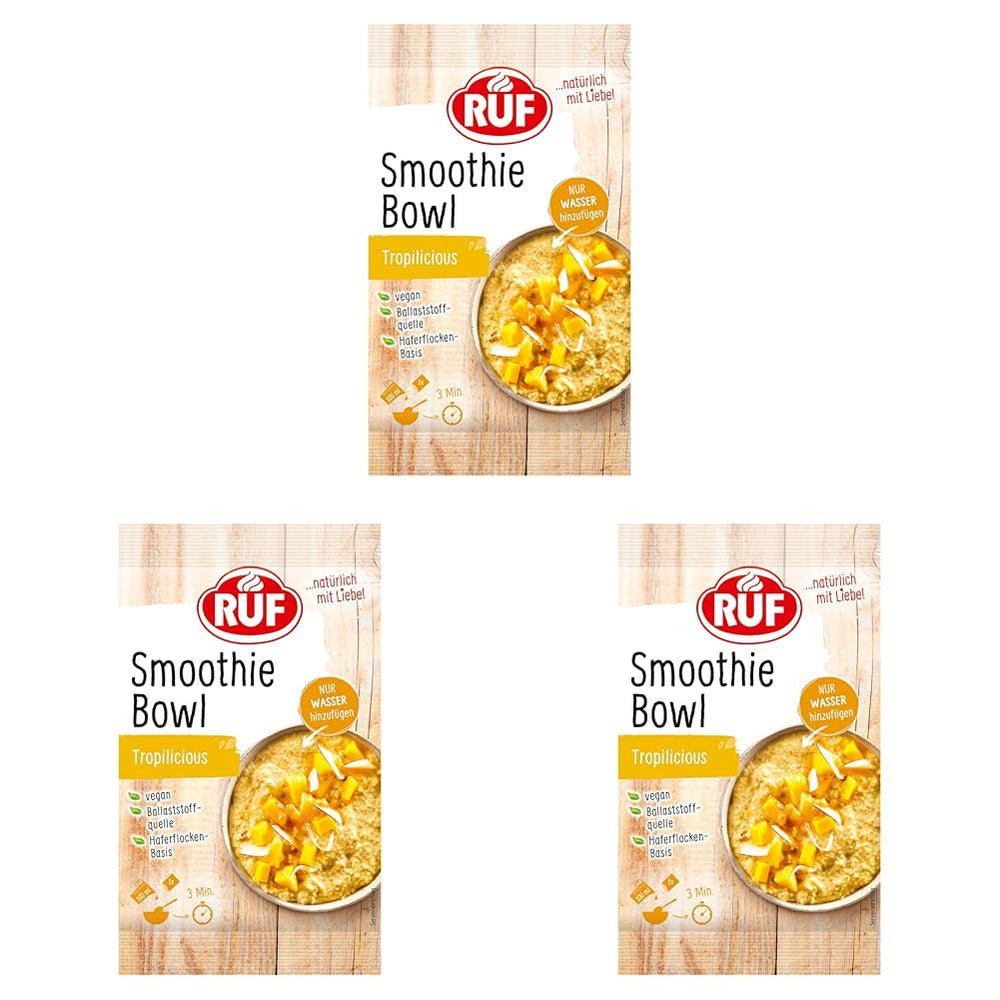 RUF Smoothie Bowl Tropilicious Mango Frutto della passione Avena Snack per colazione Facile e veloce Vegano 1 busta x 50 g (confezione da 3)