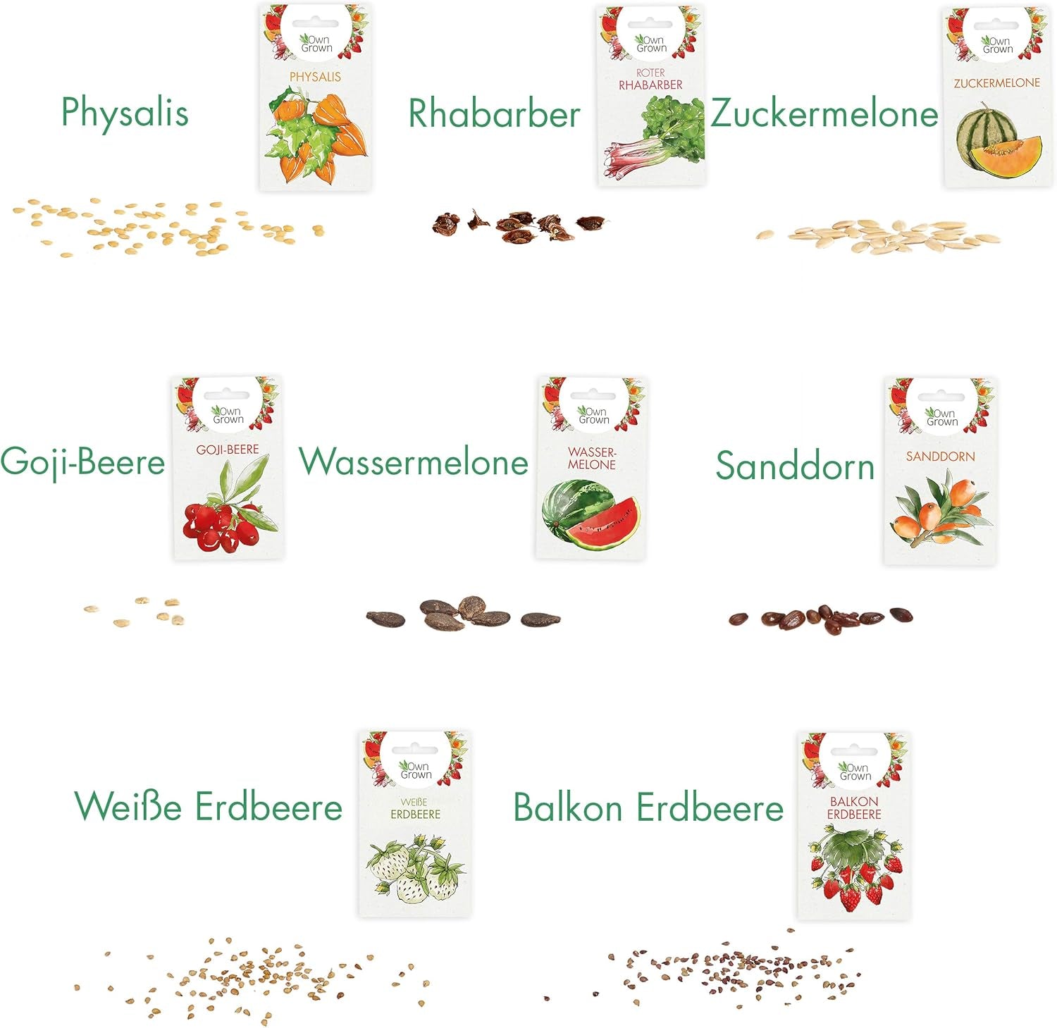 Set di semi di frutta: semi da giardino premium con 8 varietà di piante da frutto per giardino e balcone - Semi di anguria, semi di fragola, uva spina, rabarbaro e altro ancora - Set regalo di semi di frutta di OwnGrown