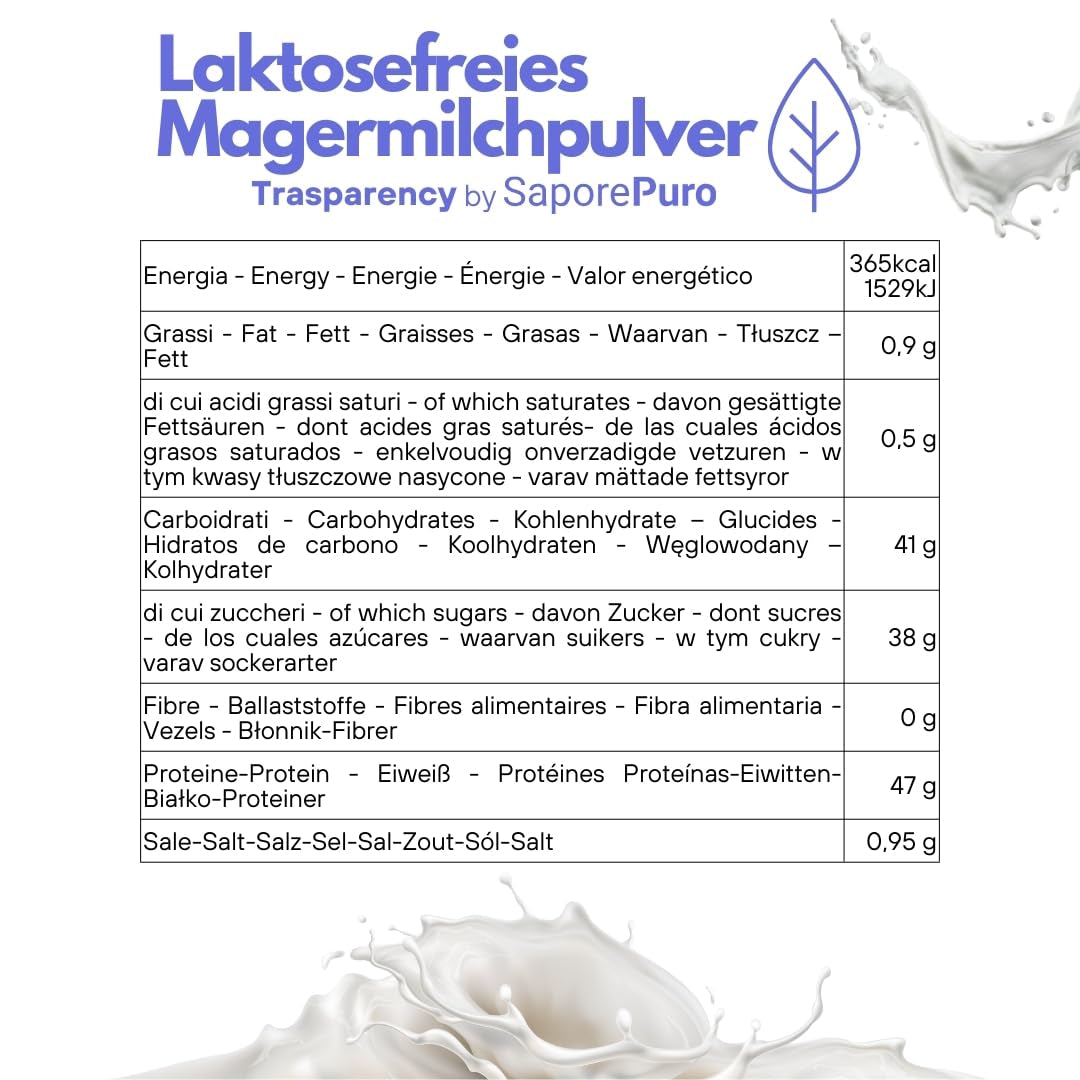 Laktosefreies Magermilchpulver 1 kg | Hohe Löslichkeit | Ideale per prodotti da forno, pane e alimenti. Uso professionale e industriale Senza lattosio Senza glutine