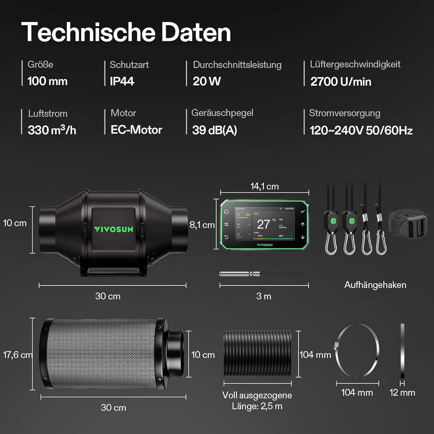 VIVOSUN Kit ventola/scarico in linea AeroZesh G4 intelligente da 100 mm con GrowHub E42A+, controller di temperatura e umidità, telecomando WiFi/app, filtro a carbone attivo e tubo per tende da coltivazione e coltura idroponica