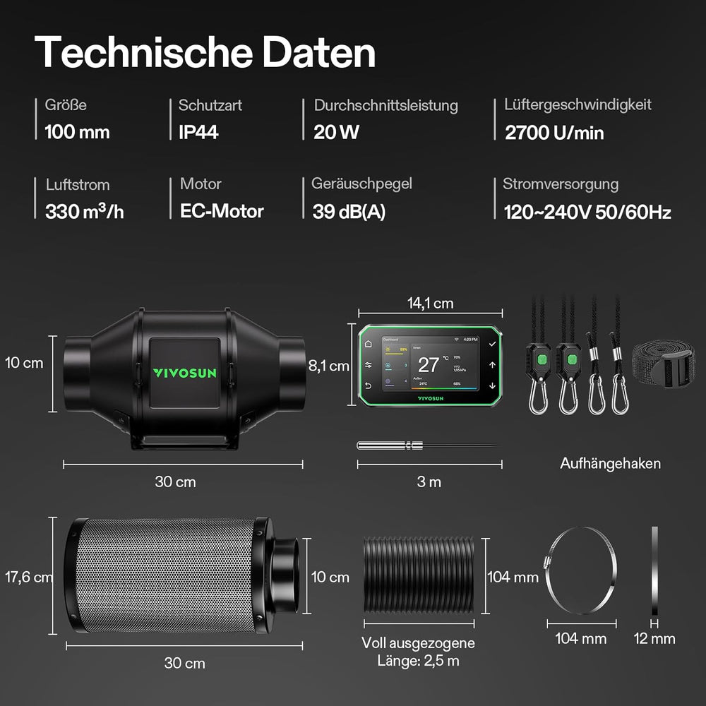 VIVOSUN Kit ventola/scarico in linea AeroZesh G4 intelligente da 100 mm con GrowHub E42A+, controller di temperatura e umidità, telecomando WiFi/app, filtro a carbone attivo e tubo per tende da coltivazione e coltura idroponica