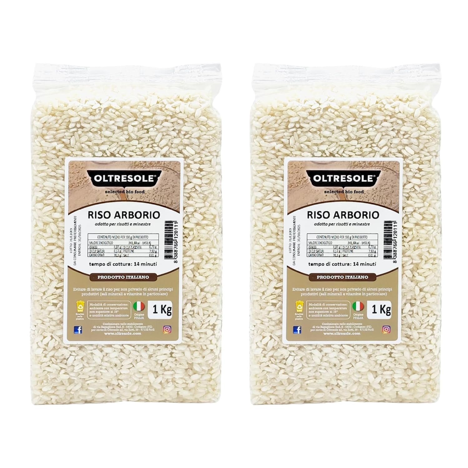 Riso Arborio Italiano Artigianale, riso a grani grossi e amidaceo, ideale per zuppe, risotti e insalate di riso, confezionato sottovuoto in 2 sacchetti da 1kg