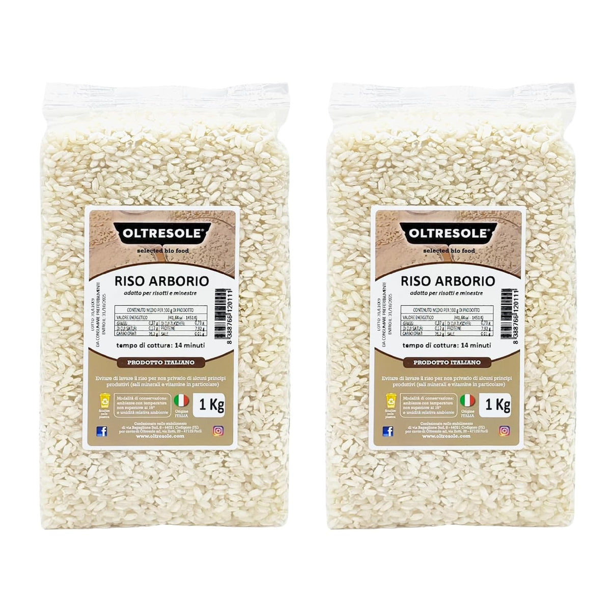 Riso Arborio Italiano Artigianale, riso a grani grossi e amidaceo, ideale per zuppe, risotti e insalate di riso, confezionato sottovuoto in 2 sacchetti da 1kg