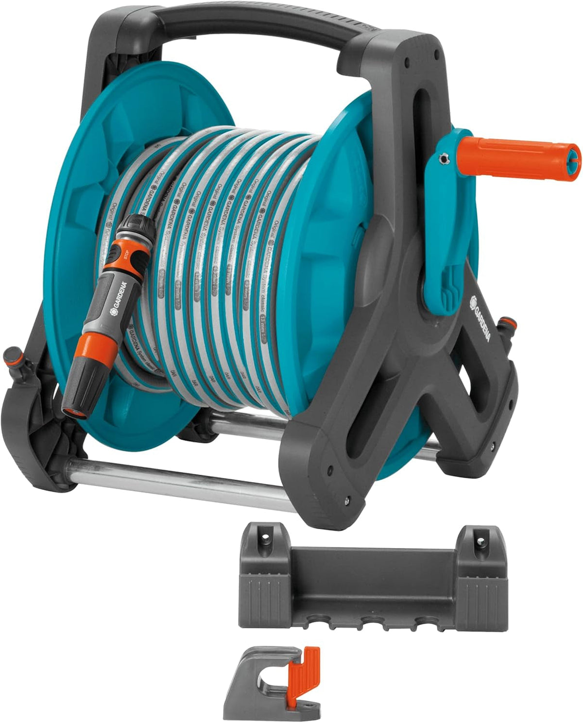 Set rolă furtun Gardena Classic de perete 50: Rolă furtun mobilă, economisitoare de spațiu, montabilă pe perete și detașabilă oricând, cu furtun de 20 m, duză de pulverizare și piese de sistem (8009-20)