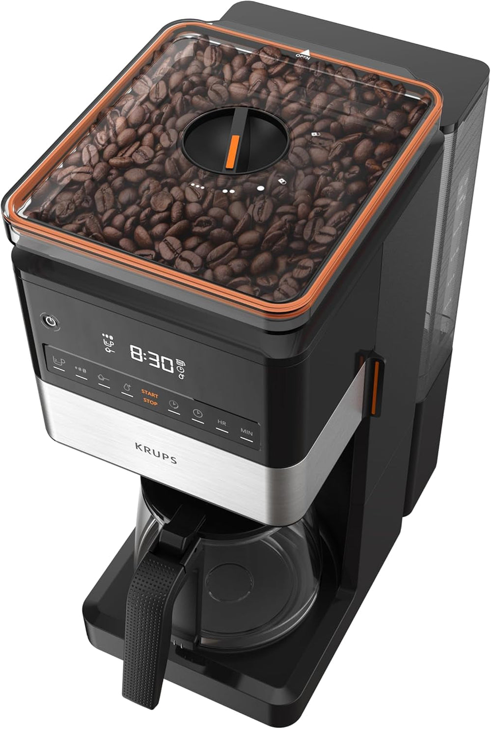 Espressor KRUPS Grind Aroma XL, râșniță conică detașabilă, panou de control digital, capacitate XL (1,5 l), funcție de menținere la cald, carafă din sticlă, negru/oțel inoxidabil, KM842810
