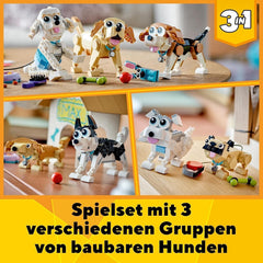 LEGO Creator 31137 Set simpatico cane 3 in 1 con figure di animali bassotto, carlino, barboncino e altri, giocattolo per bambini 7+, regalo per gli amanti dei cani Set di costruzione Besuche den LEGO-Store