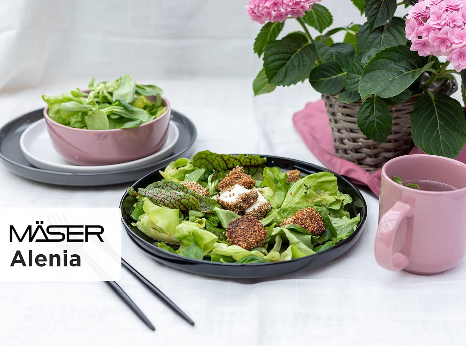 MÄSER 934005 Seria Alenia, Set de veselă pentru 4 persoane în design scandinav modern, Set combinat ceramic cu 16 piese în roz, Gresie