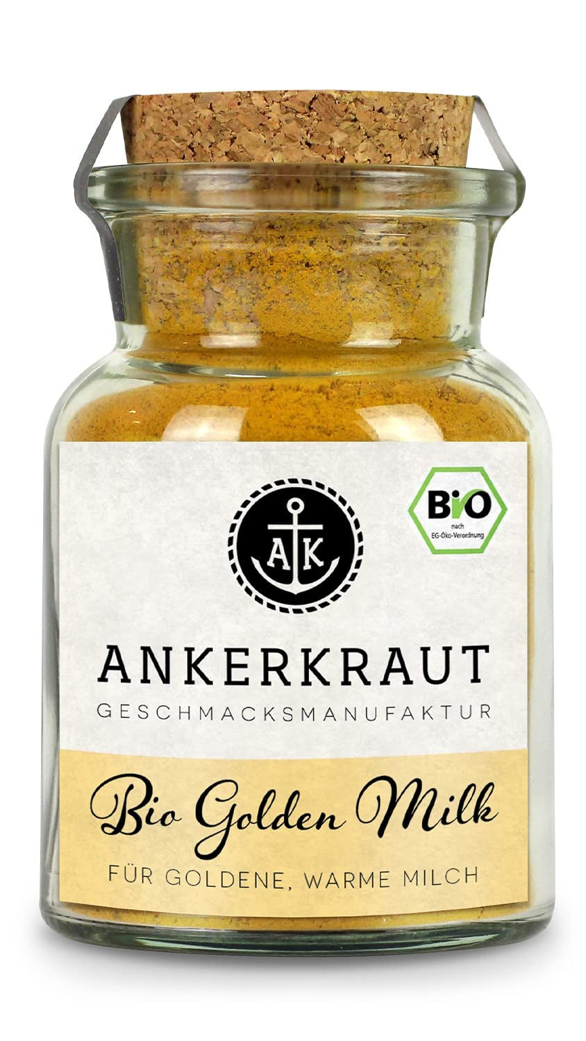 Ankerkraut Bio Golden Milk, Gewürz für goldene Milch, con curcuma, Zimt und Ingwer, 75 g in bicchiere di sughero