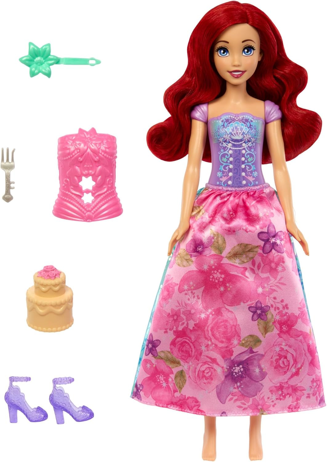 Set de păpușă la modă Mattel Disney Princess Ariel, Spin & Reveal, cu 11 surprize, inclusiv 5 accesorii, 5 stickere și o scenă de joacă, inspirată de filmul HTV88