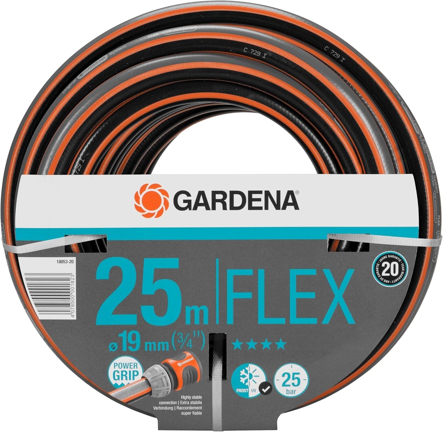 Furtun Gardena Comfort FLEX 19 mm (3/4 inch), 25 m: Furtun de grădină flexibil, stabil dimensional, cu profil Power-Grip, fabricat din material spiralat de înaltă calitate, presiune de spargere de 25 bar, fără componente de sistem (18053-20)