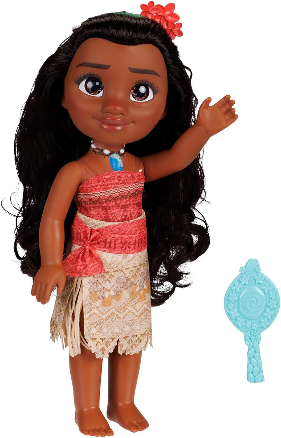 Păpușă Disney Prințesa Moana 35 cm, ochi reflectorizanți cu sclipici, articulații mobile, ținută detașabilă, clemă floare, păr lung, pentru fete cu vârsta de 3 ani și peste