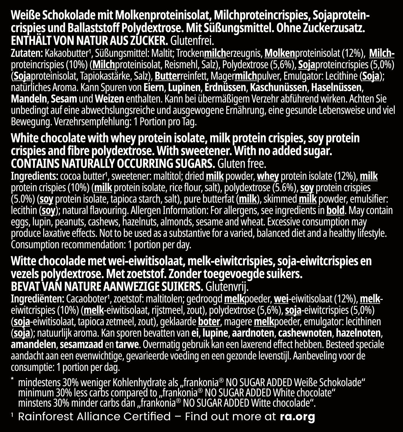 frankonia CHOCOLAT POWER MOTION senza zuccheri aggiunti - Cioccolato bianco croccante ad alto contenuto proteico e a basso contenuto di carboidrati, 90 g