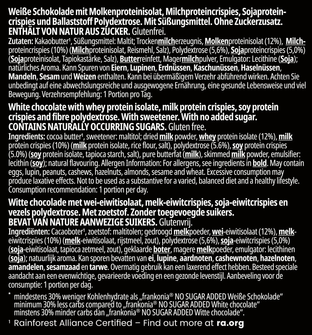 frankonia CHOCOLAT POWER MOTION senza zuccheri aggiunti - Cioccolato bianco croccante ad alto contenuto proteico e a basso contenuto di carboidrati, 90 g