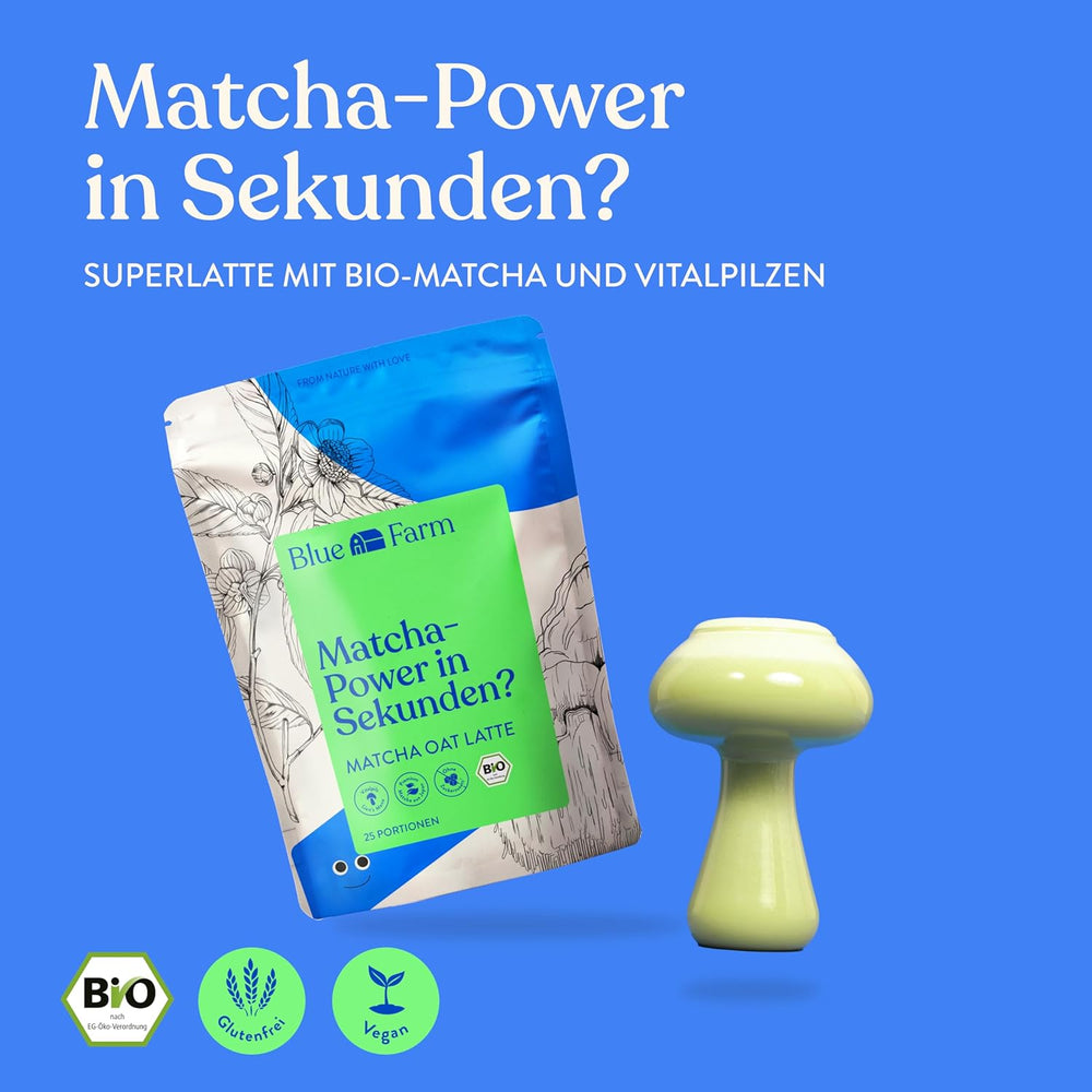 Blue Farm Bio Matcha Oat Latte auf Haferbasis ohne Zuckerzusatz - Mit dem Vitalpilz Lion's Mane - Vegan - senza lattosio e senza glutine (300 g, Matcha)