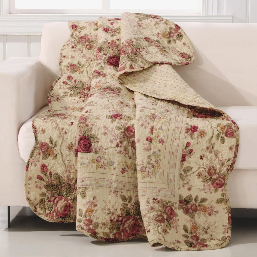 Greenland Home Antique Rose - model floral clasic, tradițional - 100% bumbac, matlasată, pătură de aruncat, 127 X 152,4 cm, ecru Paturi si Cuverturi Greenland Home Fashions