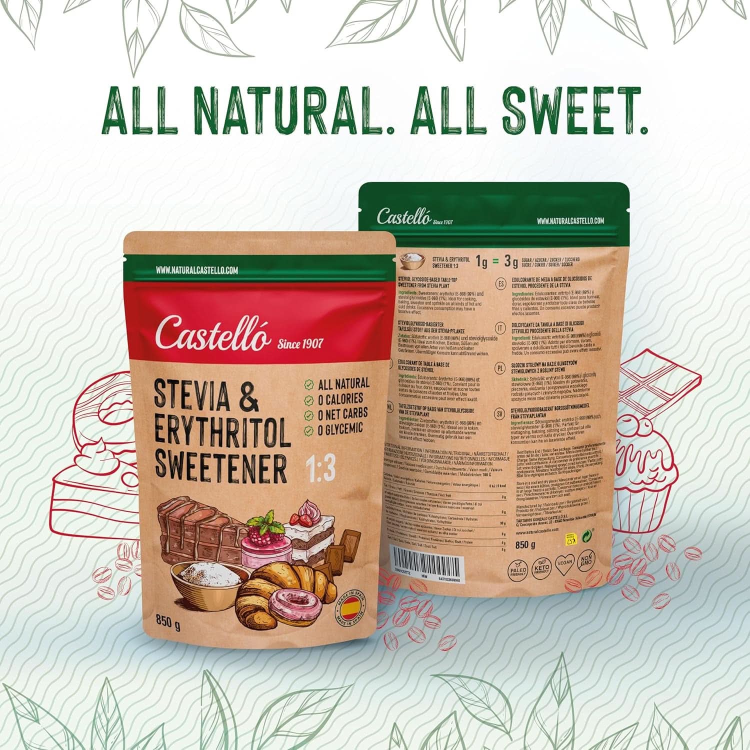 Dolcificante Stevia + Eritritolo 1:3, 1G = 3G Zucchero, 850 grammi Dolcificanti Naty Shop