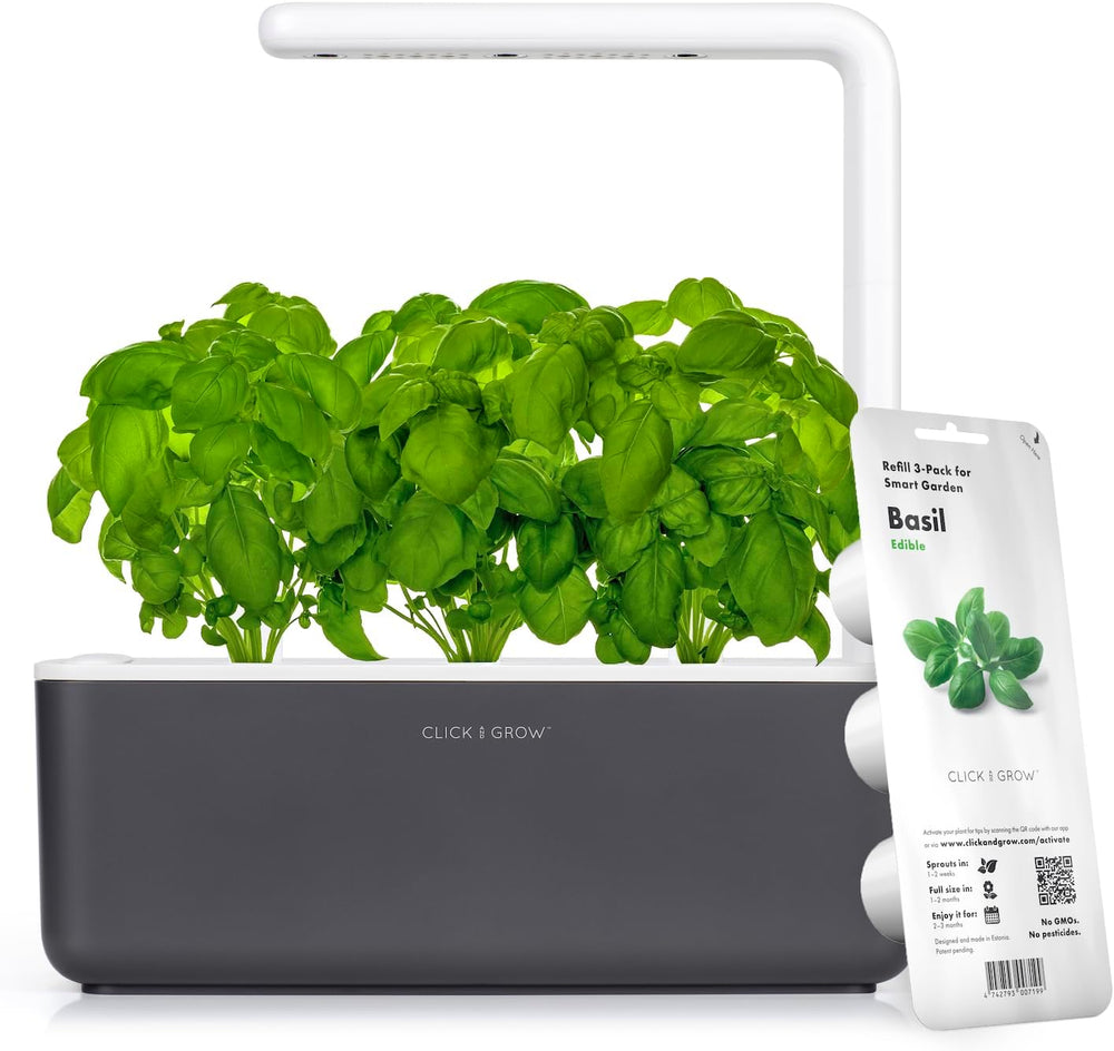 Growbox Click and Grow, Giardino Intelligente, Più Facile del Sistema di Coltivazione Idroponica, Giardino per Interni, Giardino delle Erbe, Serra per Interni con 3 Capsule di Piante Incluse, Bianco