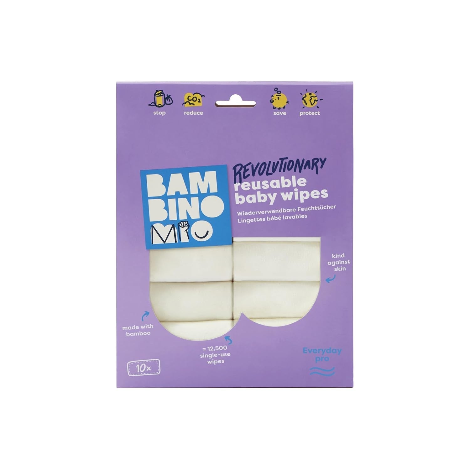 Bambino Mio, șervețele umede reutilizabile pentru bebeluși - Basic - ecologice, fără substanțe chimice, cu două fețe, lavabile, pachet de 10, Cloud - ambalajul poate varia