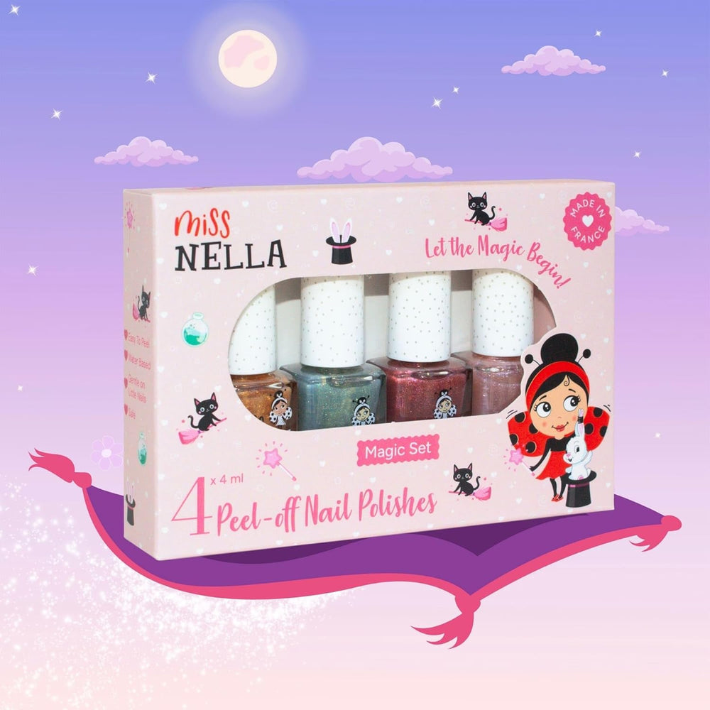 Set di smalti glitterati da 4 pezzi della collezione Miss Nella Magic: rosa, rosso, oro e blu, smalto rimovibile speciale per bambini, non tossico, a base d'acqua, inodore