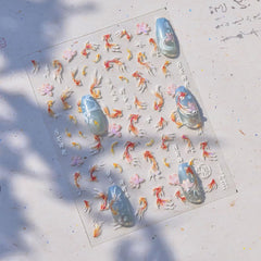 JMEOWIO 3D Nagelsticker Koi Fisch Nail Art Sticker Selbstklebend Nagelaufkleber 5D Stereoskopisch Dekoration Nageldesign Zubehör 1 Blatt