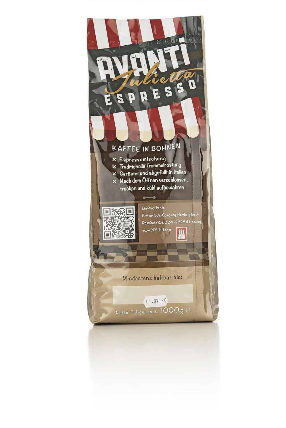 Avanti Espresso Julietta Beans, 1 pachet (1 x 1 kg) | Boabe de cafea espresso 1 kg, puternice și cu aciditate scăzută | Prăjire fină în tambur cu boabe de espresso Arabica și Robusta