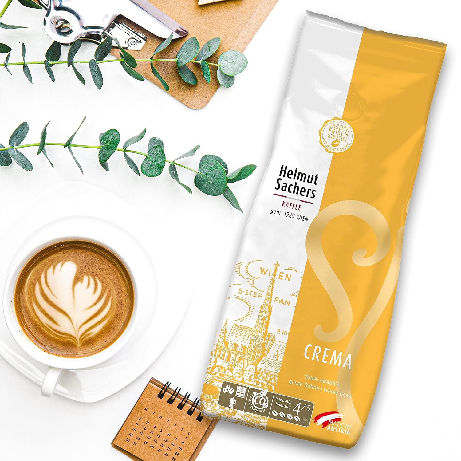 Cafea Helmut Sachers - Crema, Intensitate 4/5, 100% Arabica, boabe întregi de cafea, 6 x 500g