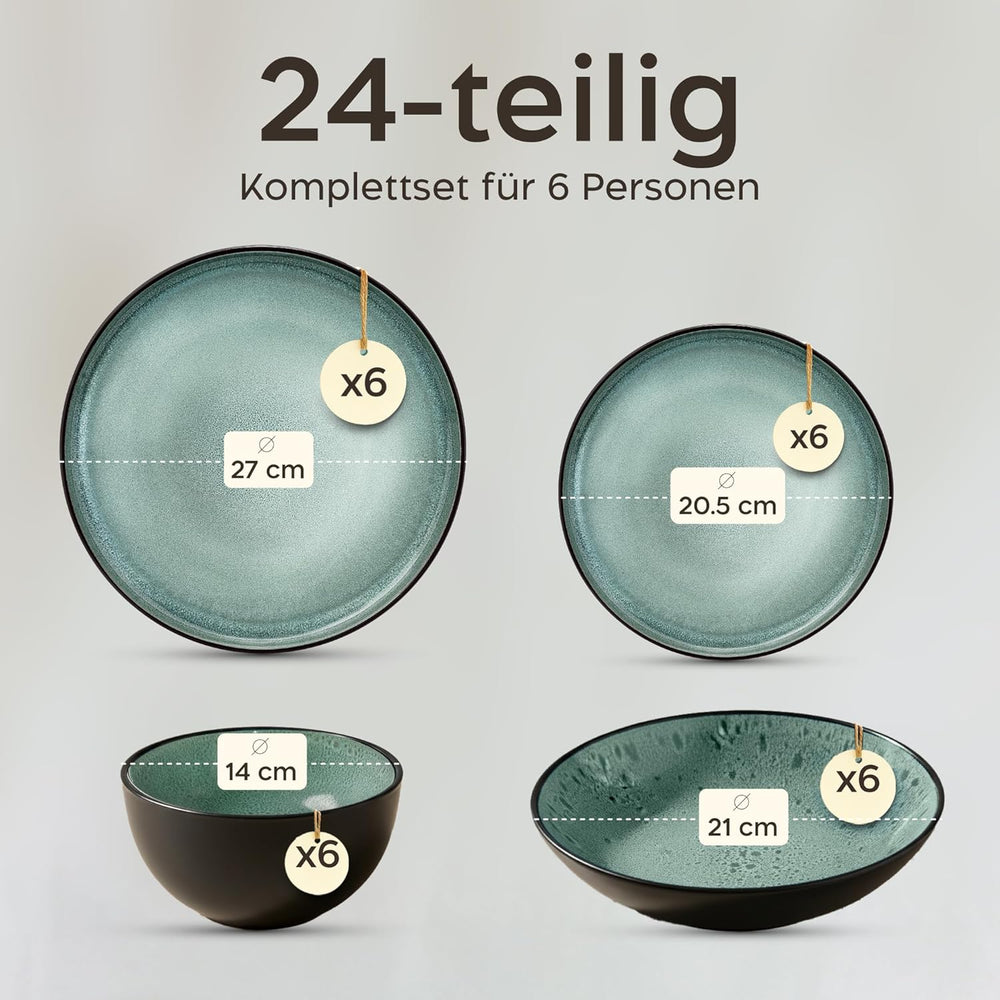 Set de veselă din gresie Twinzee, 24 de piese pentru 6 persoane - Set bol și farfurie - Veselă din gresie pentru cuptorul cu microunde - Colecția Riviera