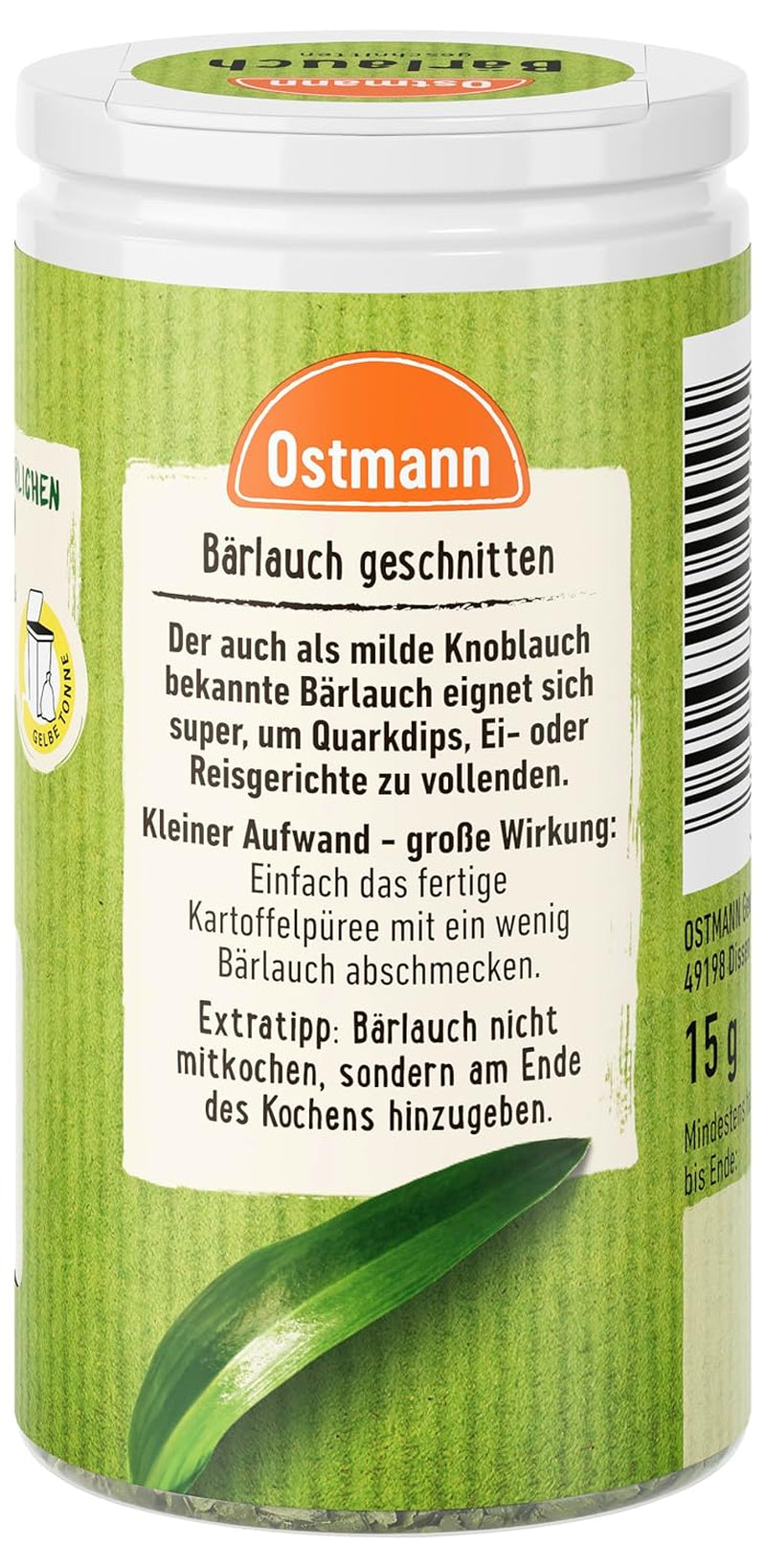 Ostmann Gewürze - Bärlauch geschnitten | Mite Knoblauch-Geschmack | Für Eio- oder Reisgerichte sowie Quarkdips | 15 g in Der Streudose