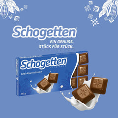 Tavoletta di cioccolato al latte Schogetten Premium Alpine, 100 g, porzionata individualmente. Una delizia. Pezzo per pezzo.