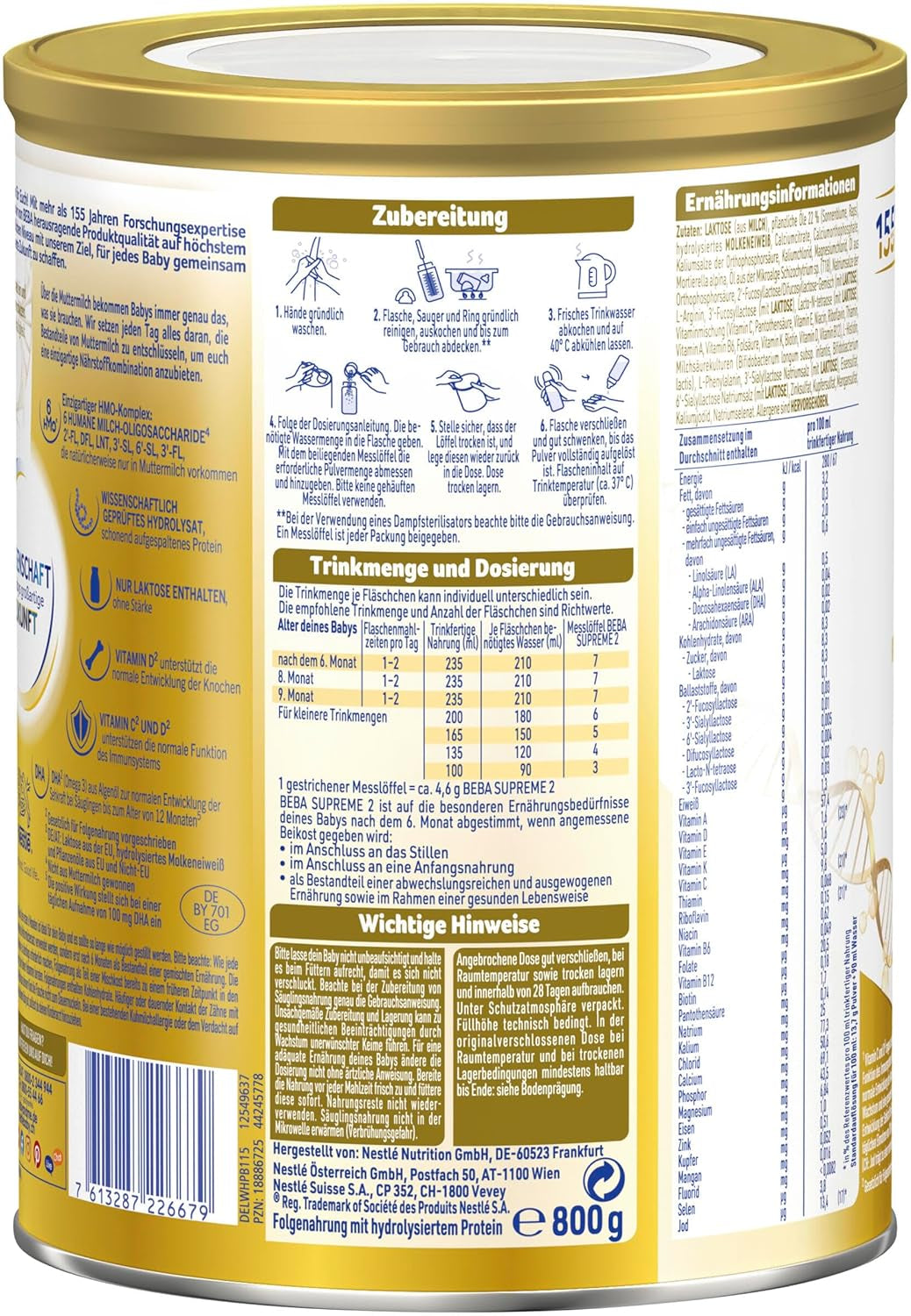 BEBA SUPREME 2 Latte di proseguimento dopo 6 mesi, solo lattosio, senza olio di palma, conf. da 6 (6 x 800g) Naty Shop
