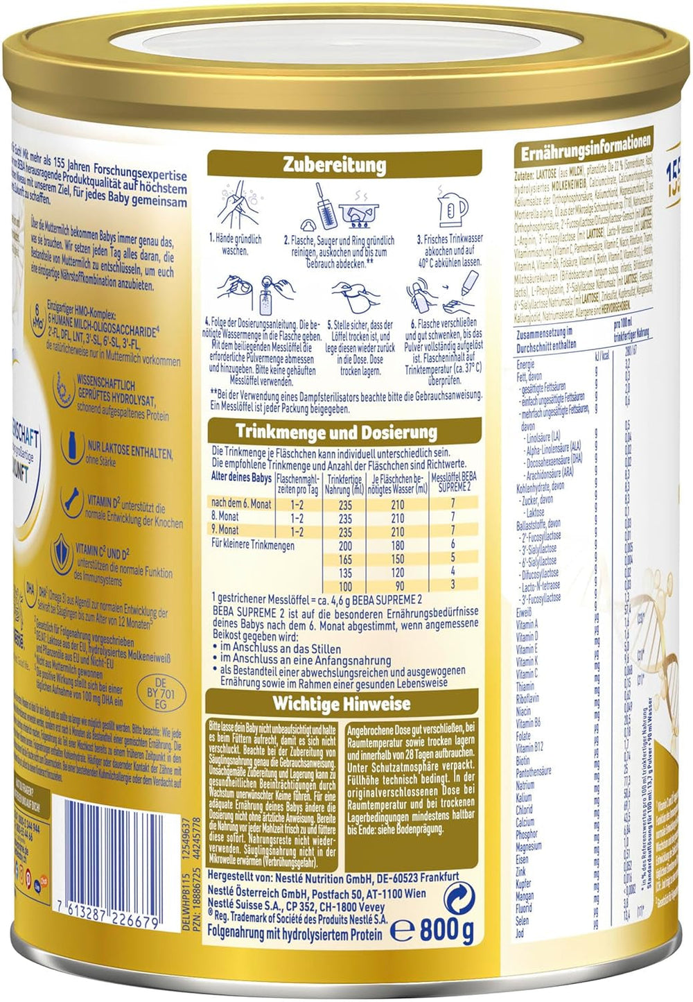 BEBA SUPREME 2 Latte di proseguimento dopo 6 mesi, solo lattosio, senza olio di palma, conf. da 6 (6 x 800g) Naty Shop