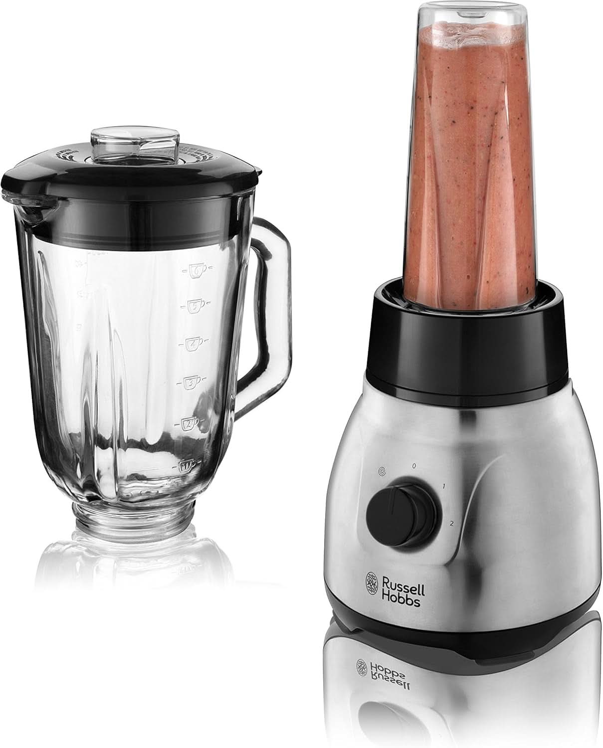 Russell Hobbs Robot da cucina 2 in 1 [mixer in vetro da 1,5 l e mini frullatore da 0,6 l -To-Go-Trinkflasche Inkl. Deckel] Spülmaschinenfest, funzione Impuls-/Ice-Crush, Becher BPA Frei, Edelstahl 23821-56 Kitchen Naty Shop