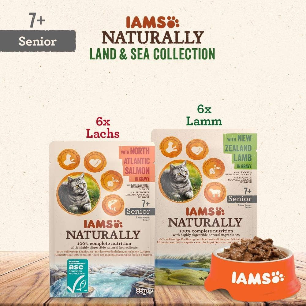 IAMS Naturally Senior Hrană umedă în sos - Hrană umedă de înaltă calitate cu carne și pește pentru pisici mai în vârstă, Colecția Land & Sea, 12 x 85 g