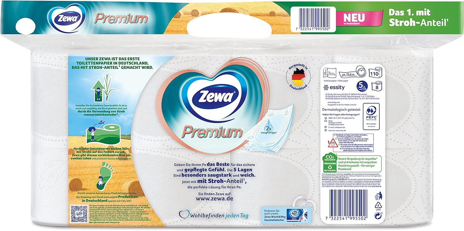 Zewa Premium hârtie igienică cu pai 48 de bucăți, rulouri 6X8, 5 straturi, pachet de stocare