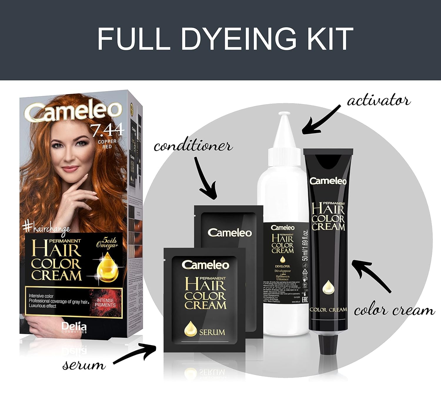 Cameleo - Omega Plus - Vopsea de păr - Roșu cupru - Culoare profundă, permanentă - Colorare permanentă - Protecția părului - Set complet de colorare Vopsea pentru par Naty Shop