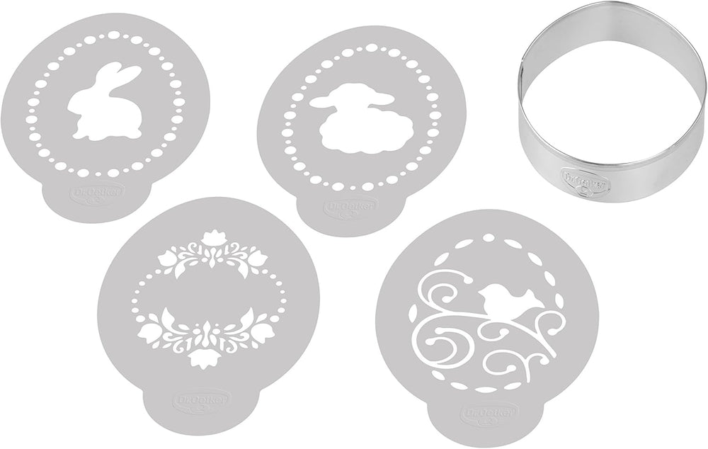 Dr. Oetker Ei-Ausstecher inkl. 4 Deco-Schablonen aus der Series "Goldiges Ostern", Keks- und Plätzchenform (Farbe: Silber, Weiß), Menge: 1 x 5er Set