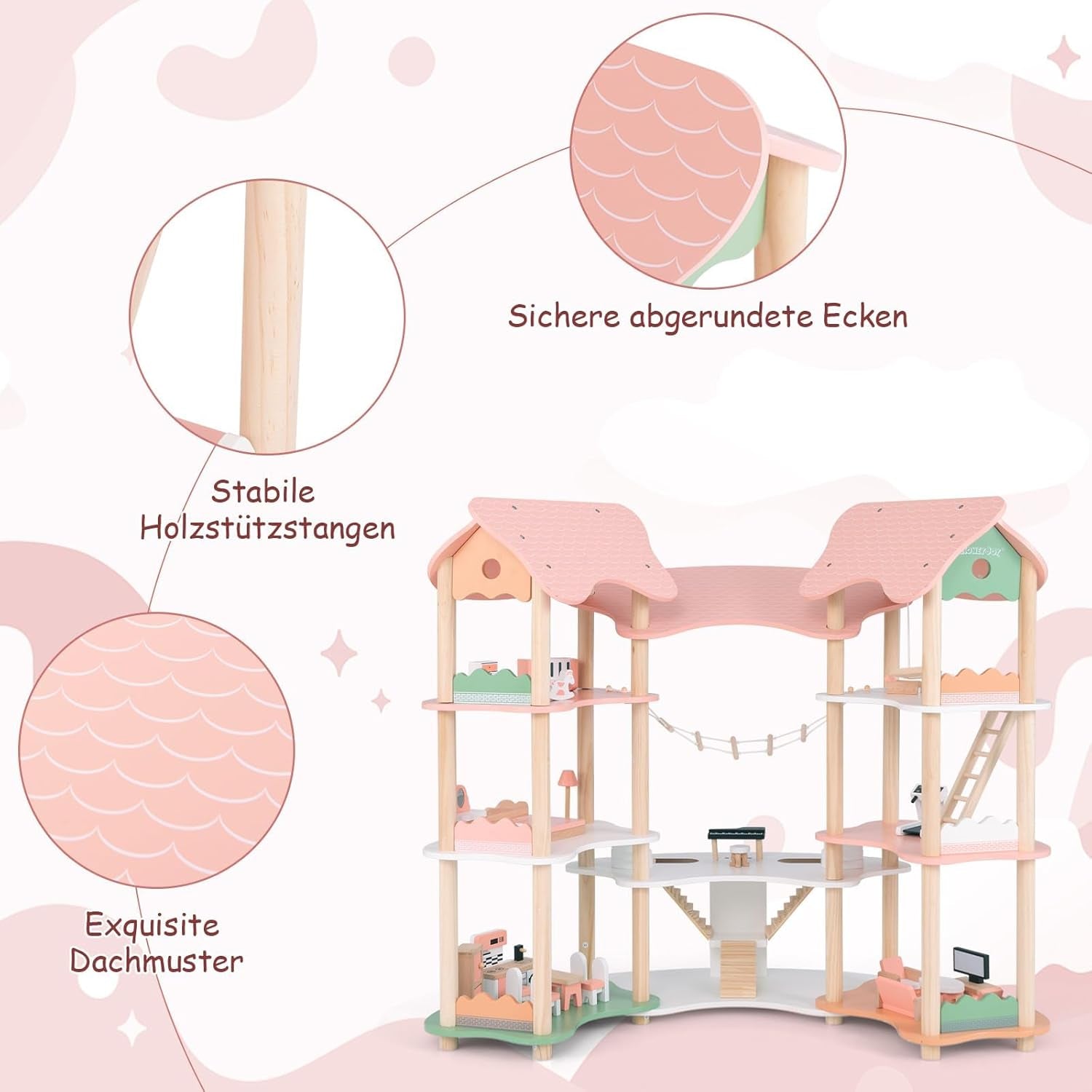 FANTASK Casa delle Bambole in Legno, Casa delle Bambole con 7 Camere e 7 Camere, Altezza 85 cm, con 32 Mobili e Accessori, Casa delle Bambole con Scala di Corda, Casa delle Bambole Regalo per Bambine di 3 Anni (Modello 3) Naty Shop Dollhouses