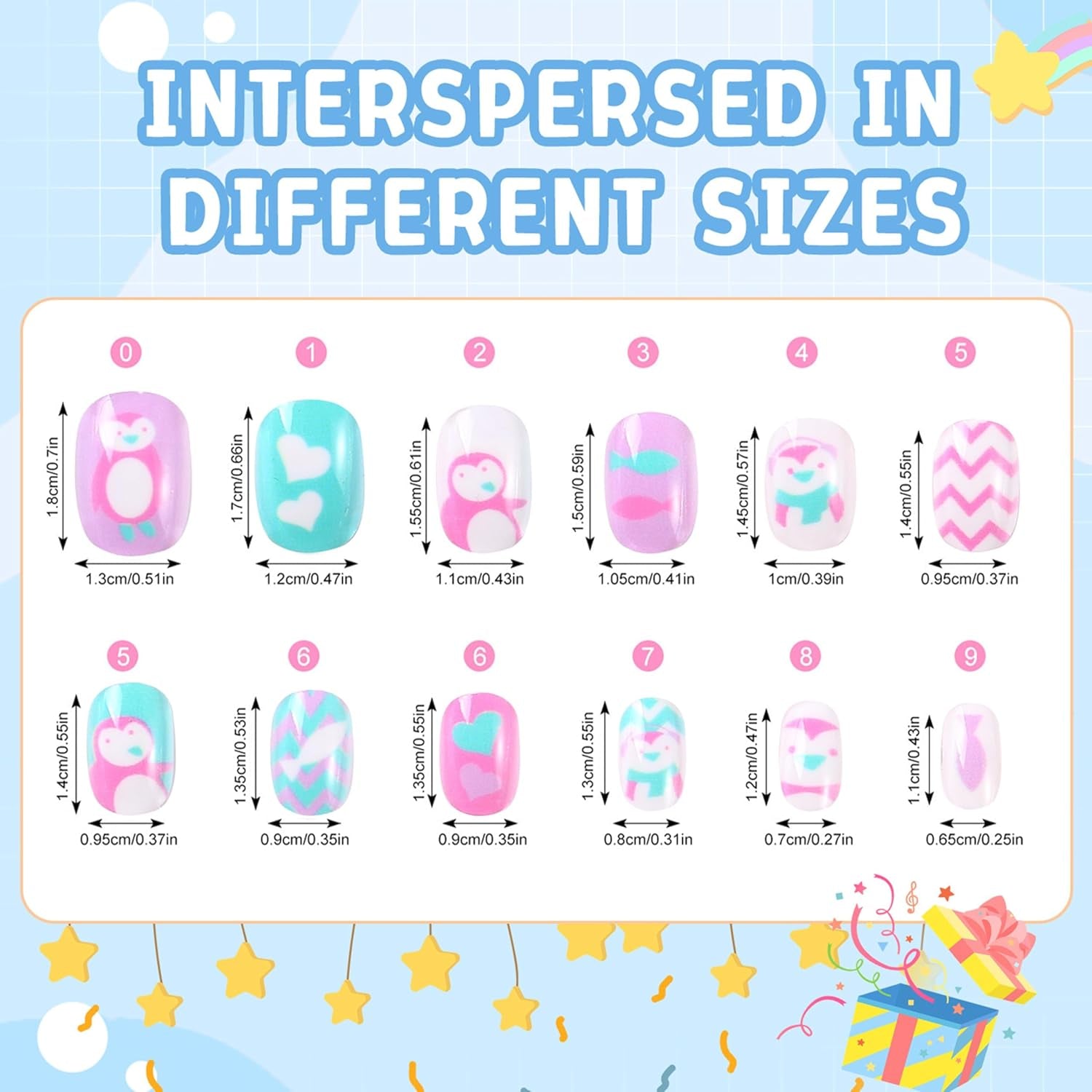 Set de unghii false - 120 de bucăți de unghii autoadezive pentru copii cu lipici de unghii, set de unghii artificiale autoadezive cu acoperire completă, unghii false pentru fete cu mâini mici (colorat A, 120X)