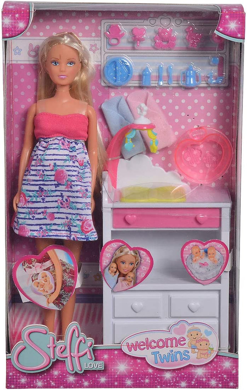 Simba 105733333 - Steffi Love Welcome Twins, Păpușă însărcinată, cu gemeni, cu masă de înfășat și cadă, accesorii, Păpușă la modă, 29 cm, pentru copii de la 3 ani în sus