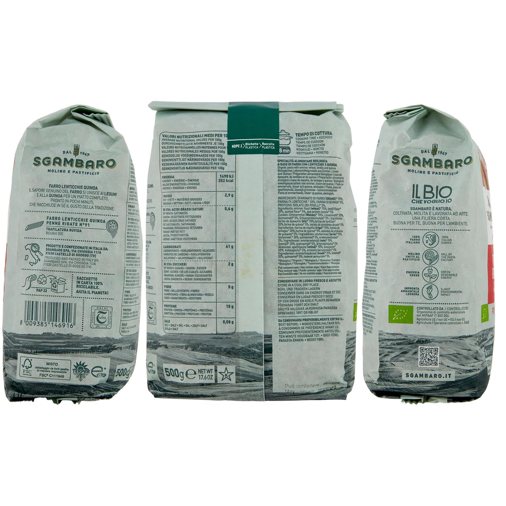Penne Rigate Biologiche N.91 - 500g con farina di farro, farina di lenticchie e farina di quinoa - Ricche di proteine, fonte di fibre e proteine