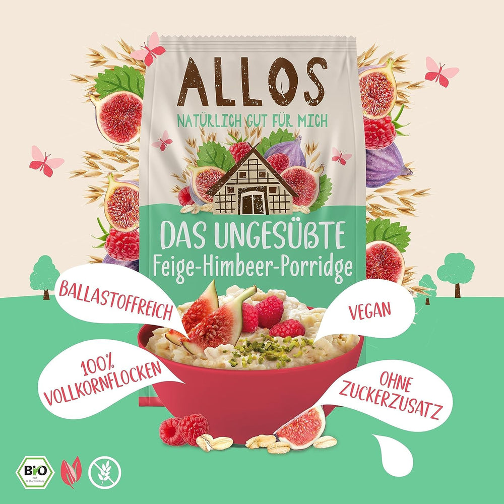 Porridge Allos di fichi e lamponi non zuccherato | Porridge senza zucchero | Muesli biologico | Muesli alla frutta | Farina d'avena | Porridge a colazione | Cereali per la colazione | Vegano | Confezione da 6 (6 x 500 g)
